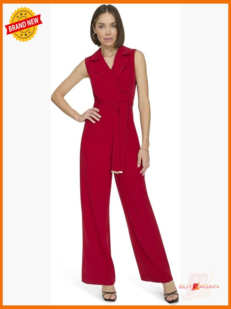 Sleeveless Collared V Neck Straight Leg Jumpsuit Salon Stretch Self Tie Maxi